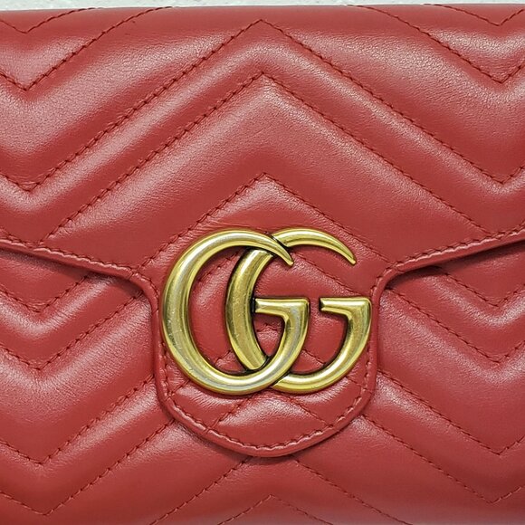 Gucci Marmont Red Chevron Gold Chain Clutch Crossbody Bag 550-100525 - Picture 11 of 16